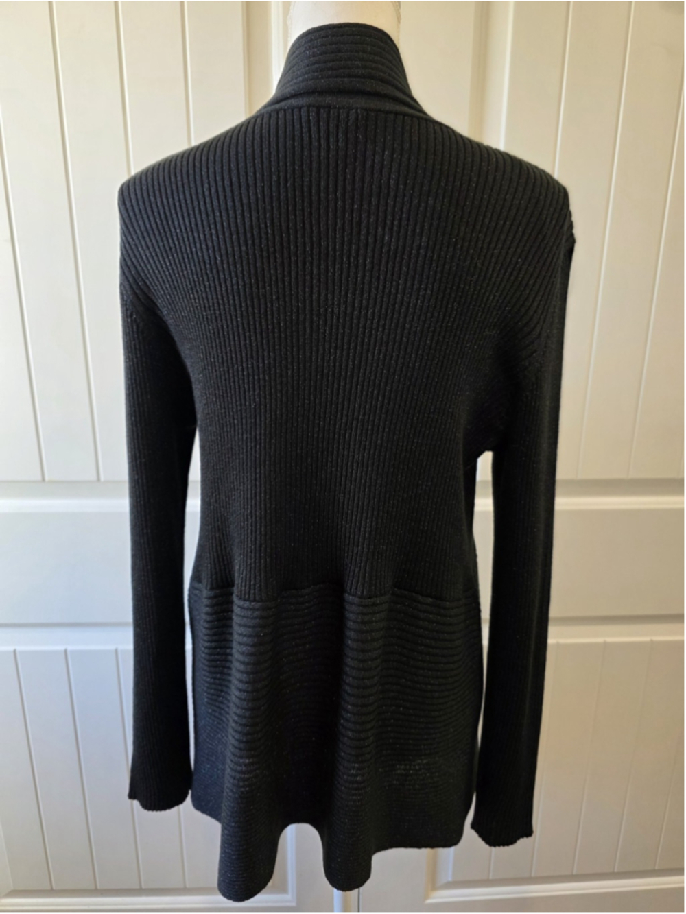 Dana Buchman Sweater Sz L Cardigan Open Front Ribbed Shimmer Black Elegant - Picture 3 of 11